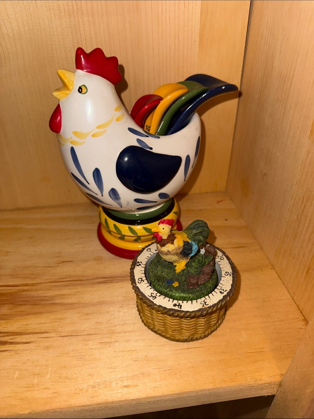 Colorful Ceramic Rooster measuring spoons Holder - White, Blue, Red and timer